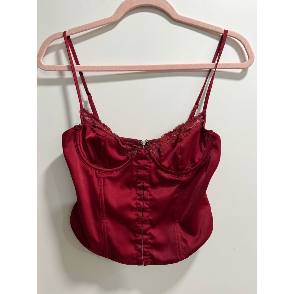 White Fox Burgundy Red Satin Corset Top Lace Trim Underwire Size Small